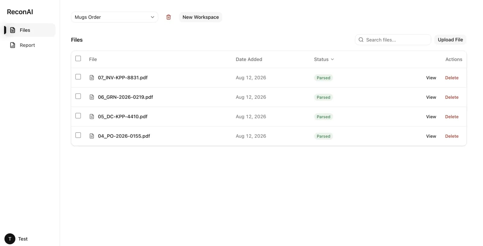 The Files tab: a dense, sortable document table with type icons, parse status chips, and search