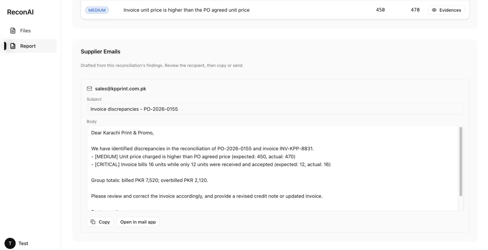 Supplier follow-up email draft: read-only, with Copy and Open-in-mail-app actions