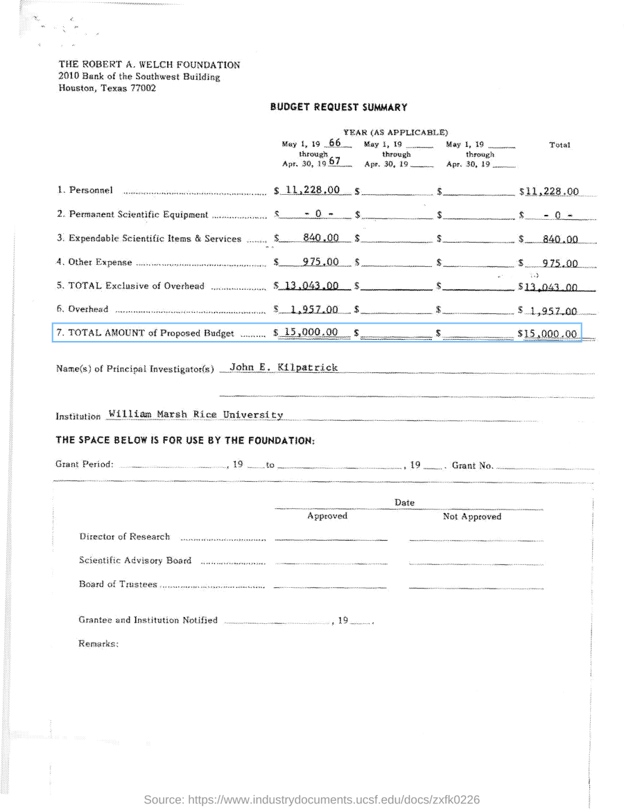 A 1966 budget request form with the total row boxed